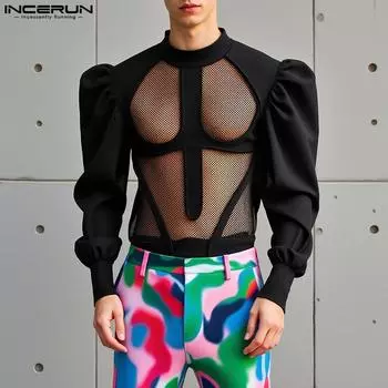 INCERUN Men Mockneck Puff Sleeve Mesh Sheer Patchwork Tops T-Shirts S