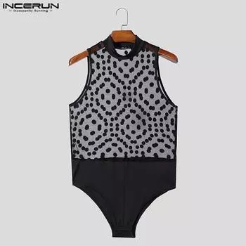 INCERUN Men Mockneck Sleeveless Polka Dots Mesh Bodysuits See Through Fitted Briefs Jumpsuits XL