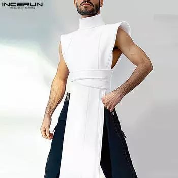 INCERUN Men Mockneck Sleeveless Solid High Low Tank Tops Casual Tunic T-shirts S белый