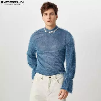 INCERUN Men Mockneck Tassel Tops Long Sleeve T-shirts S белый