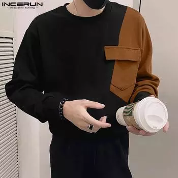 INCERUN Men O Neck Long Sleeve Basic T-Shirts Casual Patchwork Tops M коричневый