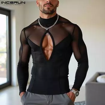 INCERUN Men O Neck Long Sleeve Cutout Stitching Mesh T-shirts See Through Slim Tops S чёрный