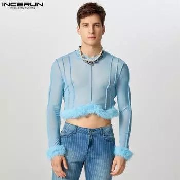 INCERUN Men O- neck Long Sleeve Furry Hem Patchwork See Through Mesh T-Shirts M чёрный