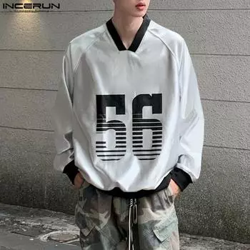 INCERUN Men O Neck Long Sleeve Letter Print T-Shirts Casual Patchwork Silver Tops S серебряный