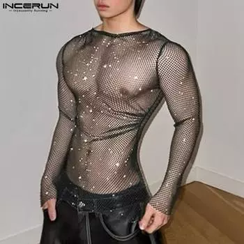 INCERUN Men O-neck Long Sleeve Mesh Sheer Glitter Hollow Out Fitted Party T-shirts XL