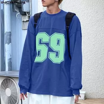 INCERUN Men O Neck Long Sleeve Print Casual Oversized Pullovers Sweatshirts 3XL чёрный