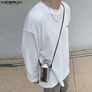 INCERUN Мужские свободные топы-пуловеры с круглым вырезом и длинным рукавом с принтом S белый