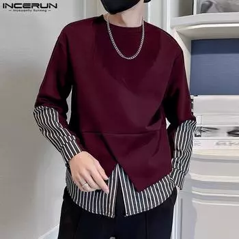 INCERUN Men O Neck Long Sleeve Striped Patchwork T-Shirts Casual Splits Hem Tops 4XL чёрный