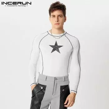 INCERUN Men O Neck Long Sleeve T-Shirts Stitching Casual Stretch Tops XL белый