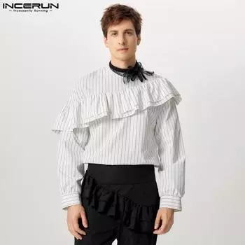 INCERUN Men O Neck Ruffled Long Sleeve Striped Shirts Casual Layers Hem Tops S чёрный