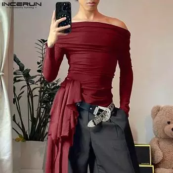INCERUN Men Off Shoulder Layers Ruffled Long Sleeve Tops Bandage Party Skinny T-shirts M чёрный