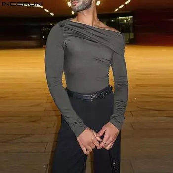 INCERUN Мужские топы с открытыми плечами и длинным рукавом, с оборками, нестандартной длины L чёрный