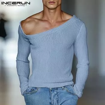 INCERUN Мужские одно плечо приталенные фактурные длинные рукава нестандартные топы майки S чёрный