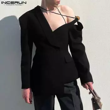 INCERUN Men One Shoulder Long Sleeve Solid Cutout Blazer Irregular Coats 5XL синий