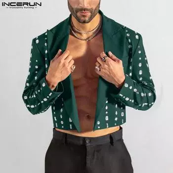 INCERUN Мужские короткие кардиганы с открытым передом и длинным рукавом с принтом XL чёрный