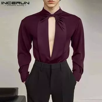INCERUN Men Open Front V Neck Satin Shirts Solid Casual Party Tops Shirts M темно-красного