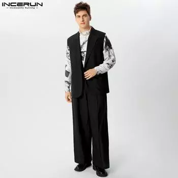 INCERUN Men Outfits Lapel Neck Double Layers Sleeveless Shirts Casual Suit Pants Sets Two Pieces M чёрный