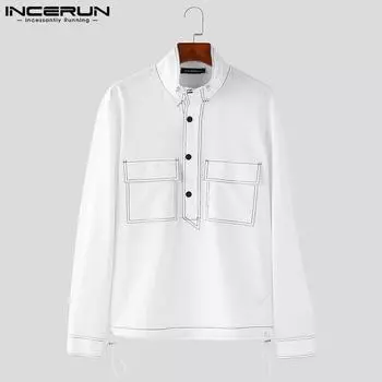 INCERUN Men Oversized Mockneck Long Sleeve Shirts Casual Button Up Print Tops L чёрный