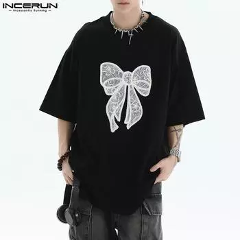 INCERUN Мужские свободные топы с коротким рукавом, летние футболки с бантом и круглым вырезом S чёрный