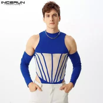 INCERUN Men Oversleeve See Through Bodysuits Striped Mesh Patchwork Slim Jumpsuits S