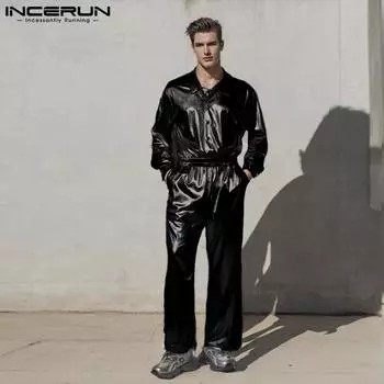 INCERUN Men Party Outfits Lapel Neck Glitter Long Sleeve Shirts Trousers Sets Two Pieces S