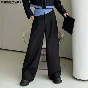 INCERUN мужские повседневные длинные прямые брюки с застежкой-молнией на талии в стиле пэчворк S