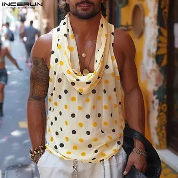 INCERUN Мужская жилетка с воротником-стойкой в горошек, летняя повседневная безрукавная пляжная майка S бежевый