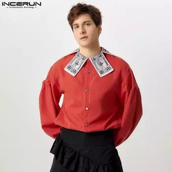 INCERUN Men Print Lapel Long Puff Sleeve Shirts Casual Button Up Tops S чёрный