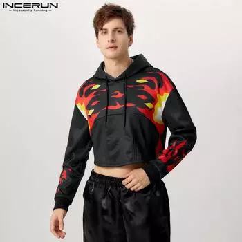 INCERUN Men Print Long Sleeve Crop Hooded Hoodies Short Tops S чёрный