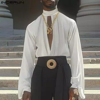 INCERUN Men Puff Long Sleeve Shirts Deep V Neck Cutout Ruffled Casual Loose Tops 2XL чёрный