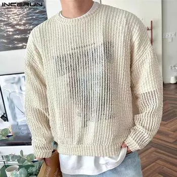 INCERUN Мужские топы с круглым вырезом и длинными рукавами в сетку крючком S чёрный