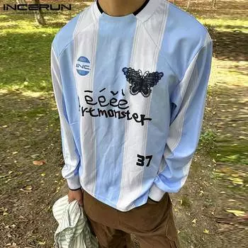 INCERUN Мужские футболки с круглым вырезом и длинным рукавом с буквенным принтом, повседневные полосатые топы XL синий