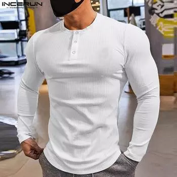INCERUN Men Round Neck Long Sleeve Rib Casual Fitted Tops T-shirts Undershirts 4XL чёрный