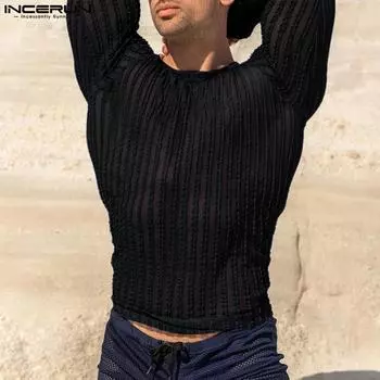 INCERUN Men Round Neck Long Sleeve See Through Knitted Tops