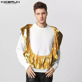 INCERUN Men Round Neck Long Sleeve Shiny Finish Ruffled Patchwork Loose T-shirts S чёрный
