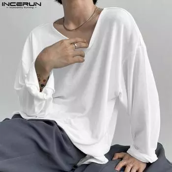 INCERUN Men Round Neck Long Sleeve Solid Color Comfy Thin Tops T-shirts XL чёрный