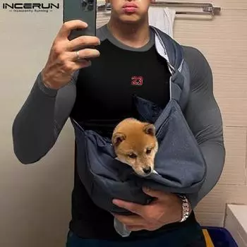 INCERUN Men Round Neck Long Sleeve Stitching Print Tops Fitted Undershirts 4XL чёрный