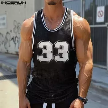 INCERUN Men Round Neck See Through Tops Print Patchwork Mesh Sheer Mesh Tank Tops S чёрный
