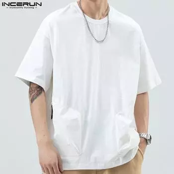 INCERUN Мужские однотонные топы с круглым вырезом и коротким рукавом, летние свободные карманы, футболки-карго S белый