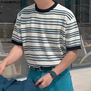 INCERUN Мужские топы с короткими рукавами и круглым вырезом, полосатые футболки больших размеров 2XL оранжевый