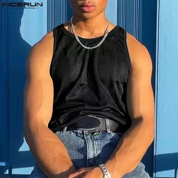 INCERUN Men Round Neck Sleeveless Striped Mesh Vests Tank Tops