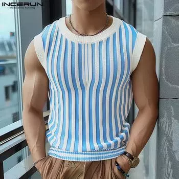 INCERUN Men Round Neck Sleeveless Tank Tops Casual Knitted Striped Vest 2XL синий