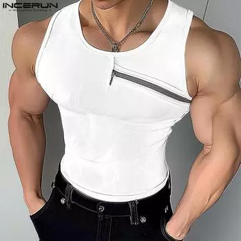 INCERUN Men Round Neck Sleeveless Zip-up Casual Rib Striped Tank Tops XL чёрный