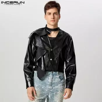 INCERUN Men Ruffled Long Sleeve Buttons Leather PU Short Coats Jackets L чёрный