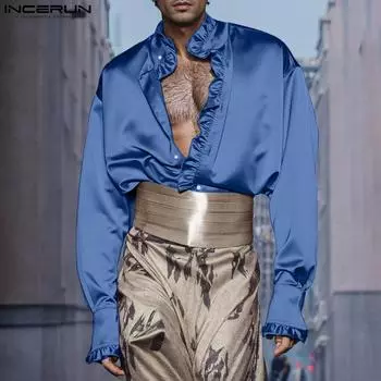 INCERUN Men Ruffled Neck Satin Shirts Spring Long Sleeve Button Down Casual Tops S чёрный