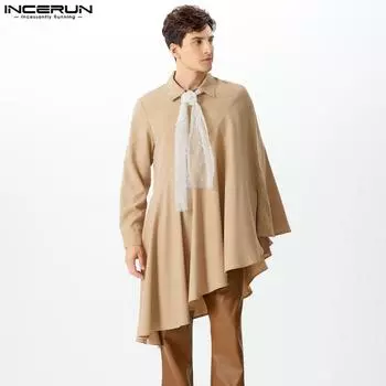 INCERUN Men Ruffled Shirts Long Sleeve Irregular Pleated Loose Tops S белый