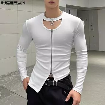 INCERUN Men s Cutout Neck Long Sleeve Zipper Splits Irregular T-shirts Undershirts L чёрный