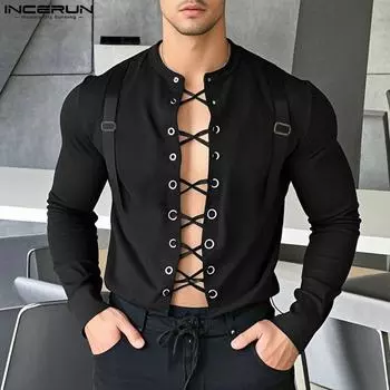 INCERUN Men s Long Sleeve Front Hollow Out Bandage Patchwork T-shirts Undershirts XL чёрный