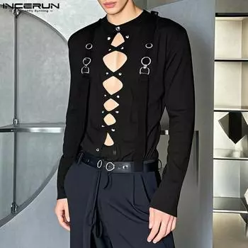 INCERUN Men s Long Sleeve Hollow Out Bandage Patchwork T-shirts Tops S