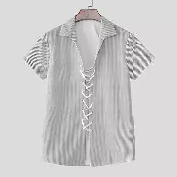 INCERUN Men s Short Sleeve Front Bandage Striped Casual Shirts Tops S